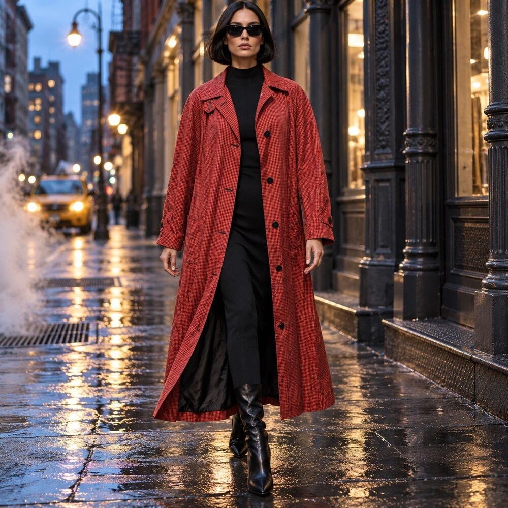 Vintage 70s Nordstrom Town Square Red Black Check Maxi Raincoat Duster Womens 16